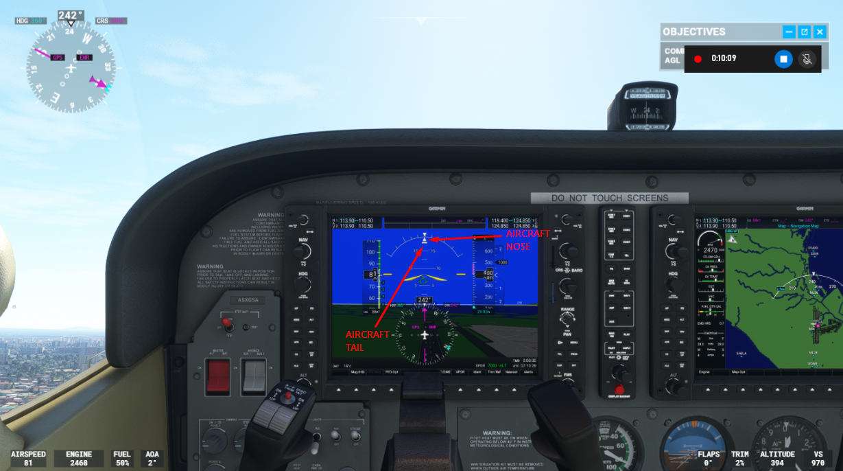 View of cockpit readouts during a coordinated turn.
