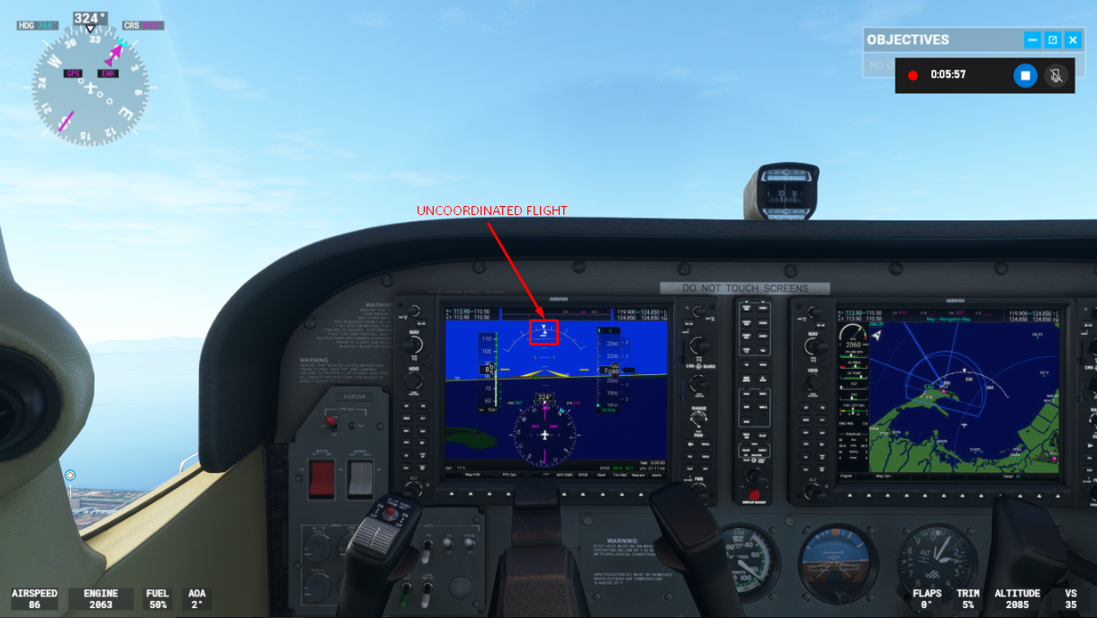 View of cockpit readouts during an uncoordinated turn.