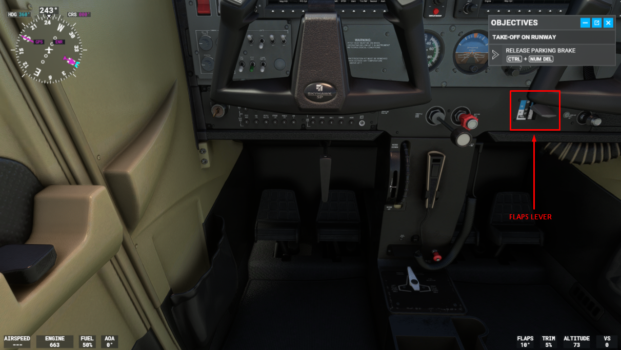 View of a cockpit with the flaps leaver highlighted.
